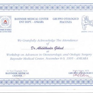 Workshop on Advances in Otoneurologic and Otologic Surgery Bayındır Medical Center November 8-9 1995 ANKARA